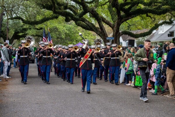 The Marine Corps marching band marches during the 2023 Wearin' of the Green Parade
