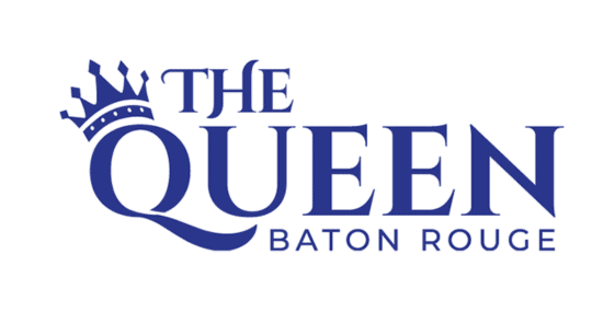 Logo with the text "The Queen Baton Rouge" in blue. The word "Queen" features a stylized crown over the letter "Q," evoking a sense of regality while making it feel like home.