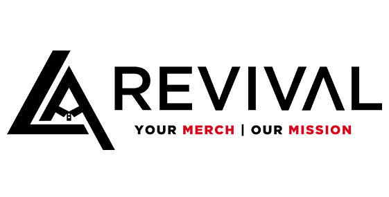 Logo of "LA Revival" featuring a stylized "LA" icon. The text reads, "Revival Your Merch | Our Mission," with "Merch" and "Mission" in red, proudly highlighting our status as official partners.