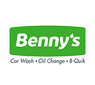 Green rectangular logo with "Benny's" in white text. Below, smaller text reads: "Official Partners • Car Wash • Oil Change • B-Quik.