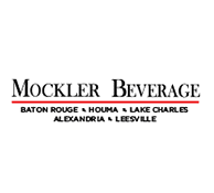 Mockler Beverage logo with city names listed below a red line, showcasing its Official Partners in Baton Rouge, Houma, Lake Charles, Alexandria, and Leesville.