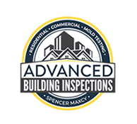 Logo for Advanced Building Inspections, Official Partners, featuring buildings, rooftops, and text about residential, commercial, and mold testing services.