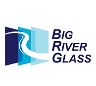 Logo for Big River Glass, showing three overlapping glass panes with a white river shape and the company name in blue text on the right.