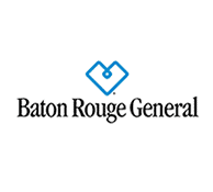 Baton Rouge General logo with a blue heart-shaped outline, showing "Official Partners" above "Baton Rouge General" in black on white background.