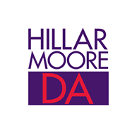 Logo with the words "Hillar Moore DA" in purple and red, highlighting Official Partners on a white background.