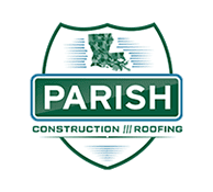 Green and white shield logo featuring Louisiana's outline, the word "Parish," "Construction /// Roofing" below, and Official Partners branding.