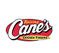 Raising Cane's Chicken Fingers logo with red and yellow background, stylized text, and Official Partners branding.
