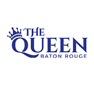 The Queen Baton Rouge logo in blue text with a crown above the Q, highlighting its Official Partners, on a white background.
