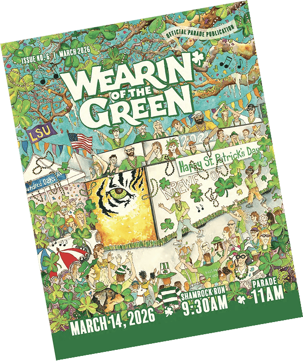 A colorful illustrated poster for the 2026 Wearin' of the Green parade, featuring clovers, a tiger, parade floats, and event details.